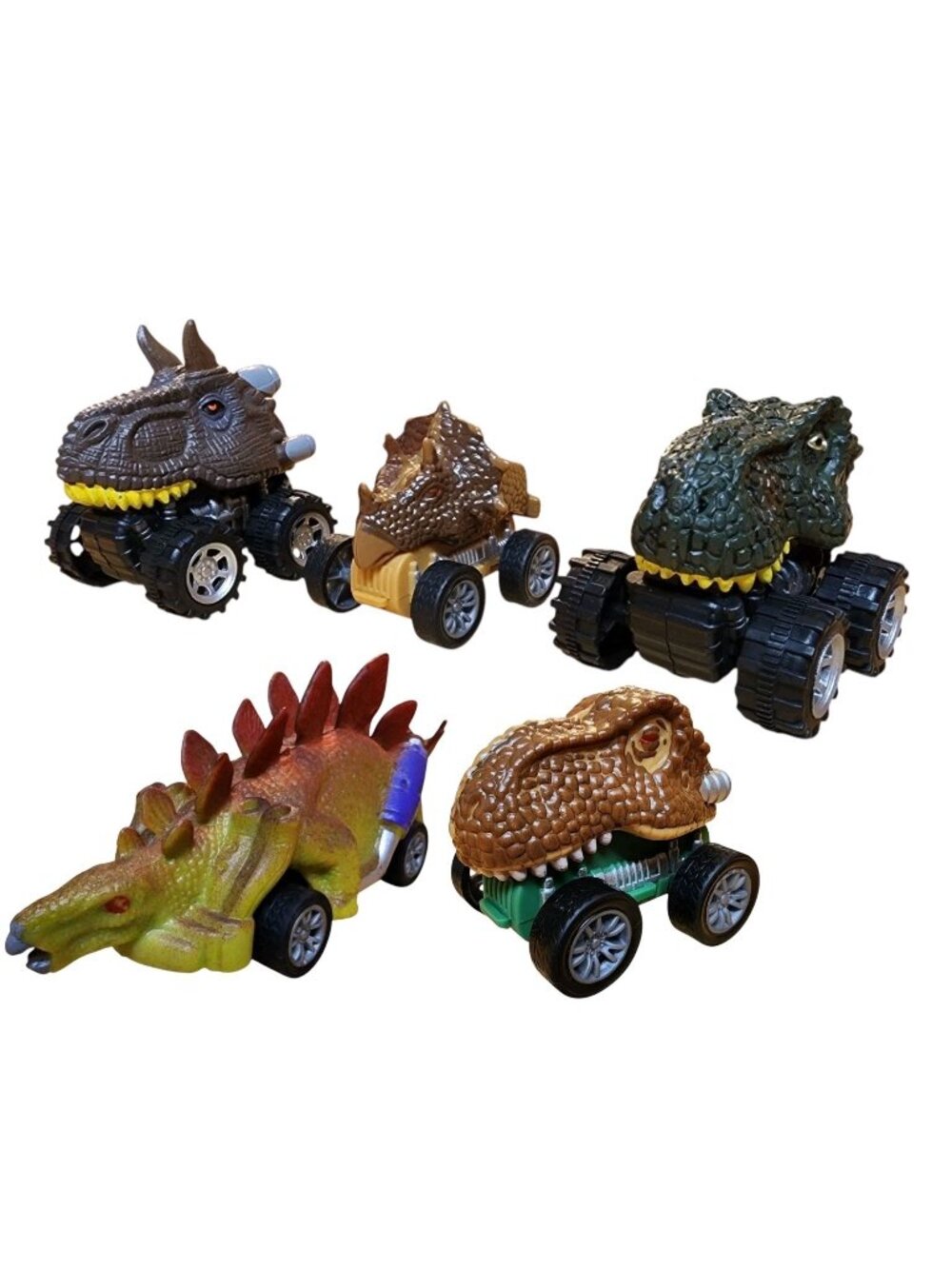 Dinosaur Plastic Pullback Cars Toys Set of 5 T-Rex, Triceratops, Carnotaurus